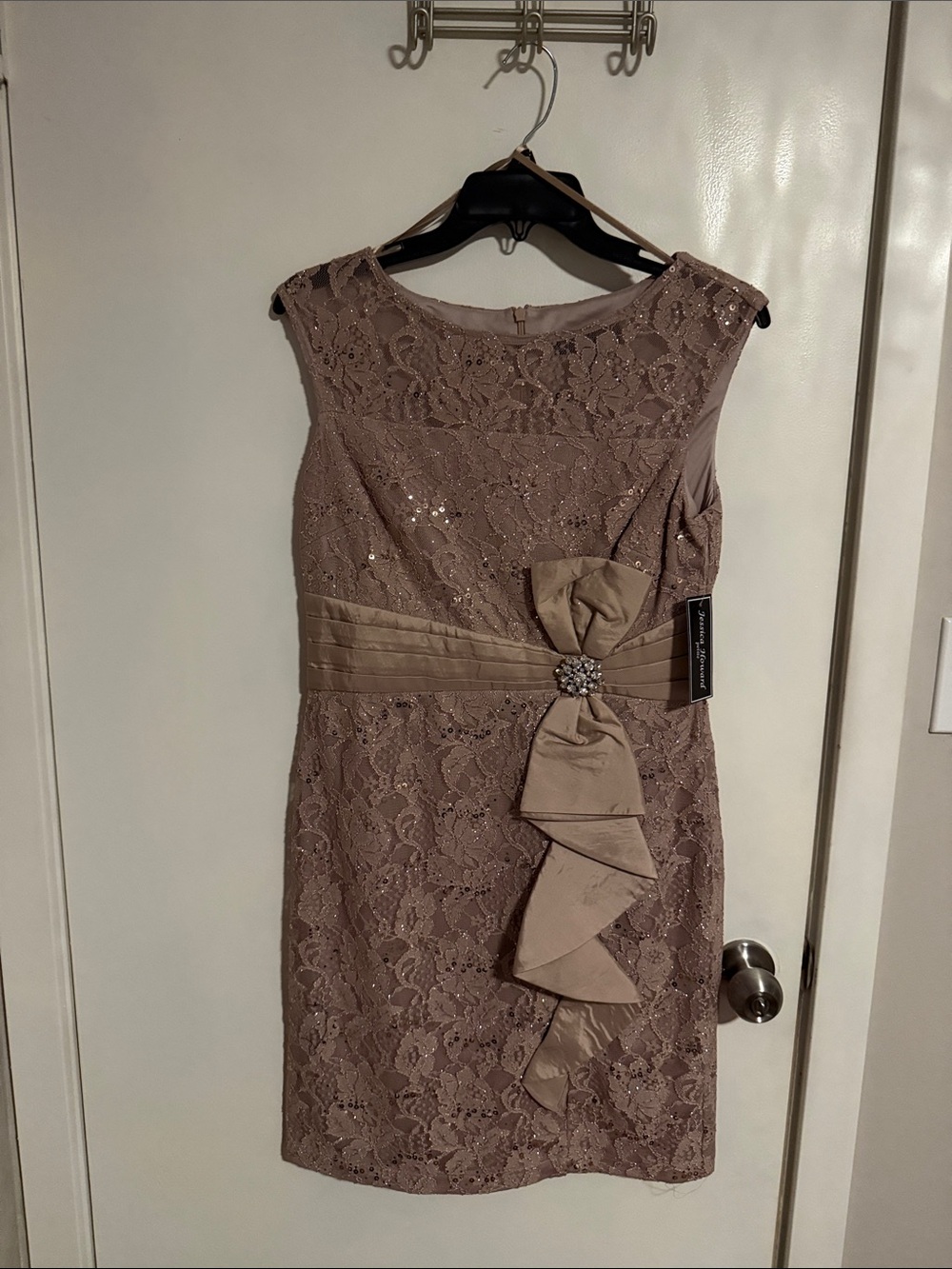 Jessica Howard Lace Midi Dress in Taupe with Bow Accent